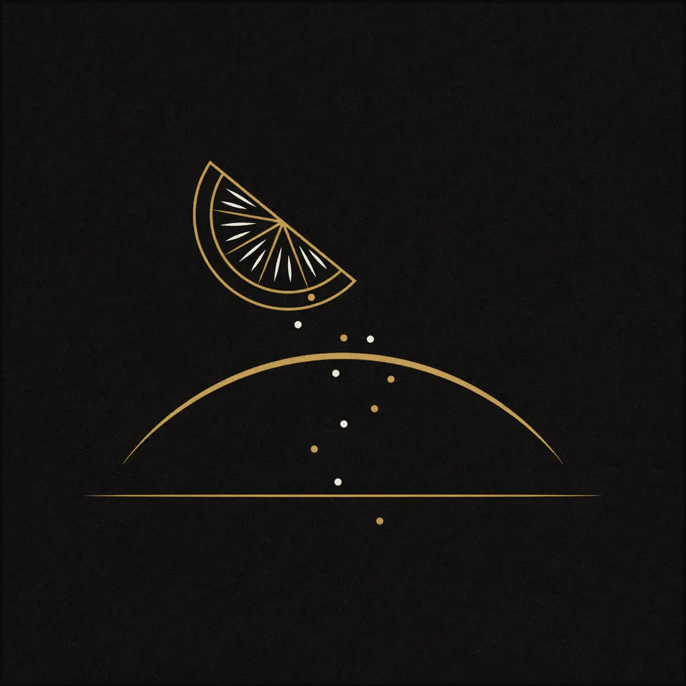 Abstract line drawing of a faceted wedge shape, a low sweeping arc, and a scatter of small dots on a dark ground.
