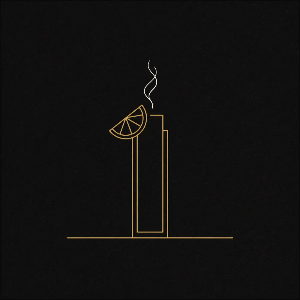 Line drawing of a faceted citrus wedge beside a standing wood plank with a thin curl of smoke rising from it.