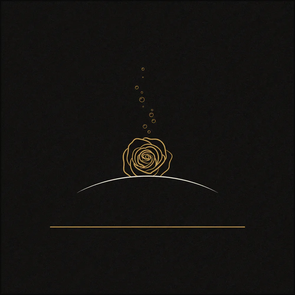 Line drawing of a row of rising bubbles above a spiral rose form, resting over a shallow curved arc.