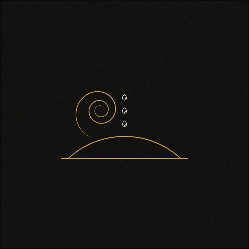 Abstract line drawing of a curling spiral, three falling drops, and a shallow arc within a square frame.