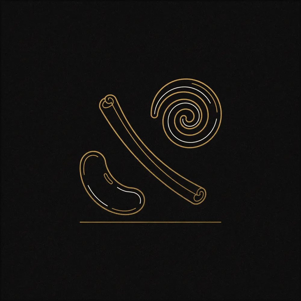 Line drawing of a curled tobacco leaf, a curved bean pod, and a spiralled cinnamon stick arranged across a square frame.